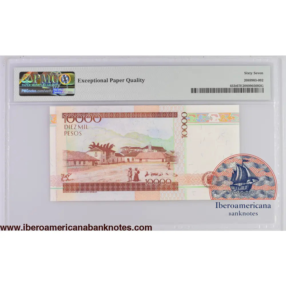 Colombia 3.8.2014 P-453t PMG Superb Gem UNC 67 EPQ 10,000 Pesos