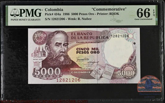 Colombia 5000 Pesos 1986 Rafael NuïÑEZ P-434a PMG66EPQ commemorative