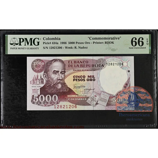 Colombia 5000 Pesos 1986 Rafael NuïÑEZ P-434a PMG66EPQ commemorative
