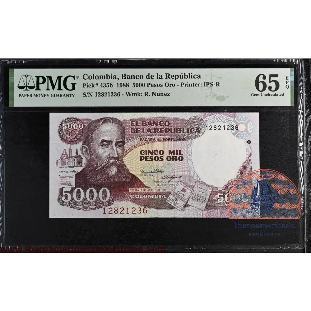Colombia. 5000 Pesos 1988 P-435b Rarest Date PMG 65 EPQ