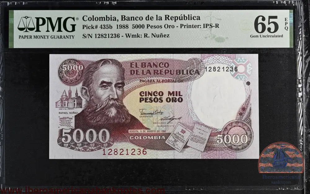 Colombia. 5000 Pesos 1988 P-435b Rarest Date PMG 65 EPQ