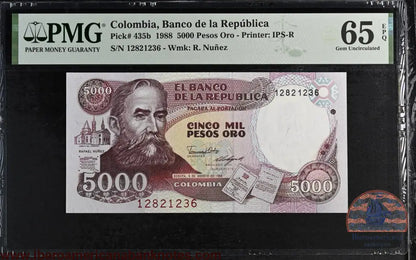 Colombia. 5000 Pesos 1988 P-435b Rarest Date PMG 65 EPQ