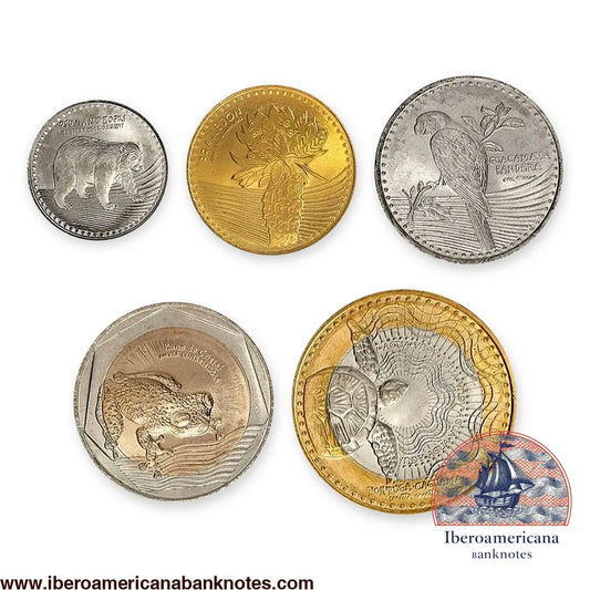 Set de cinco monedas de Colombia de 50, 100, 200, 500 y 1000 pesos, sin circular. Reversos con oso de anteojos, frailejón, guacamaya bandera, rana de cristal y tortuga caguama.