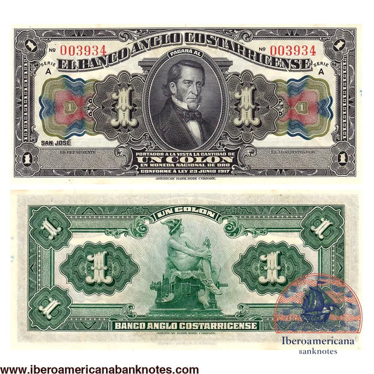 Billete de 1 colón de Costa Rica de 1917, del Banco Anglo-Costarricense, Pick S121r, remanente sin firmar, sin circular. Anverso con el retrato de un hombre sin identificar; reverso con la figura de Mercurio sentado.