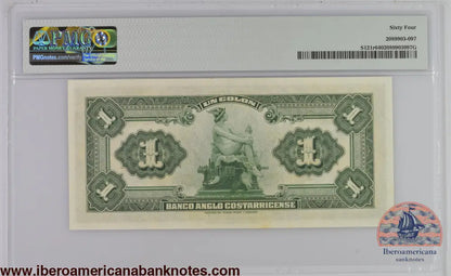 Costa Rica Banco Anglo-Costarricense 23.6.1917 P-S121r PMG Choice UNC 64 1 Colon