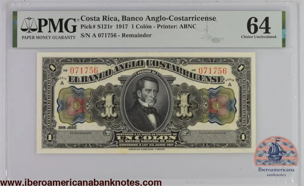 Costa Rica Banco Anglo-Costarricense 23.6.1917 P-S121r PMG Choice UNC 64 1 Colon