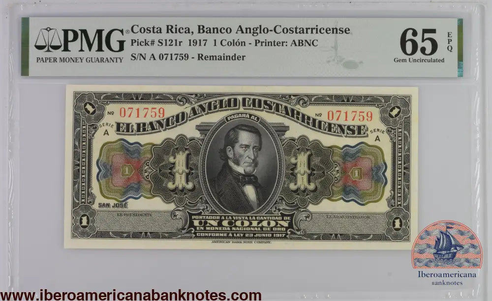 Costa Rica Banco Anglo-Costarricense 23.6.1917 P-S121r PMG Gem UNC 65 EPQ 1 colon