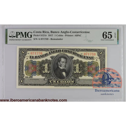 Costa Rica Banco Anglo-Costarricense 23.6.1917 P-S121r PMG Gem UNC 65 EPQ 1 colon