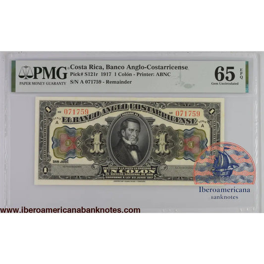 Costa Rica Banco Anglo-Costarricense 23.6.1917 P-S121r PMG Gem UNC 65 EPQ 1 colon