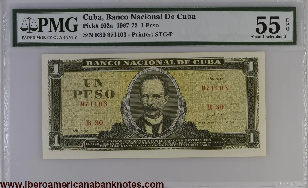 Cuba 1967 P-102a PMG About UNC 55 EPQ 1 Peso