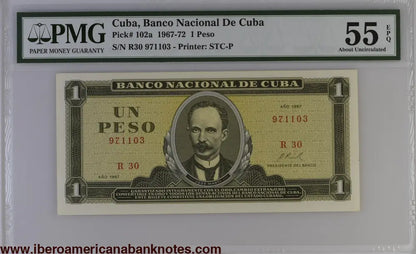 Cuba 1967 P-102a PMG About UNC 55 EPQ 1 Peso