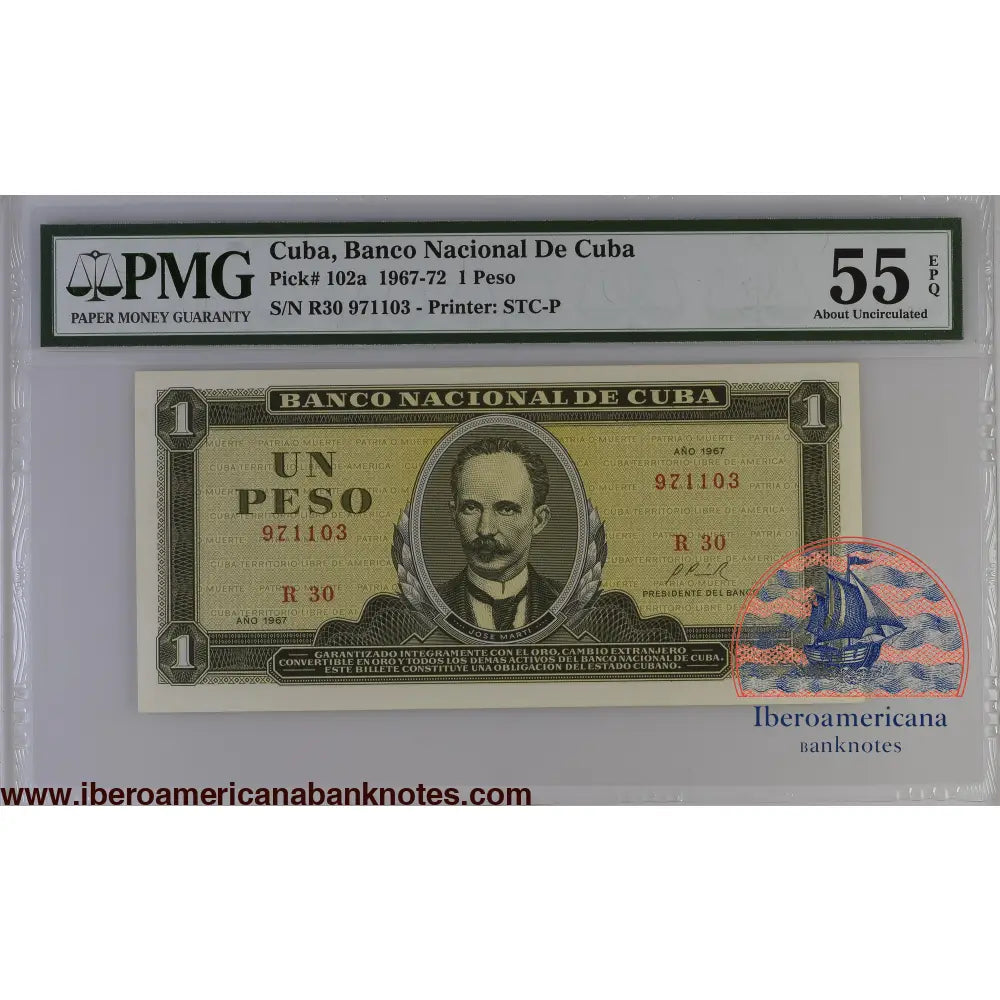Cuba 1967 P-102a PMG About UNC 55 EPQ 1 Peso
