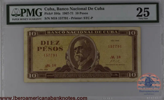 Cuba 1968 P-104a PMG Very Fine 25 10 Pesos
