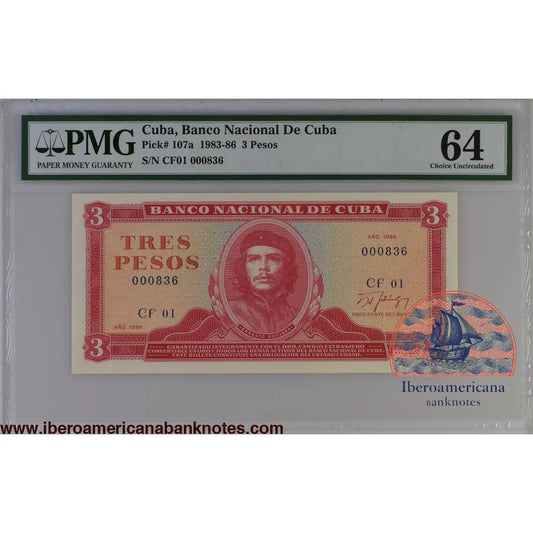 Cuba 1986 P-107a PMG Choice UNC 64 3 Pesos