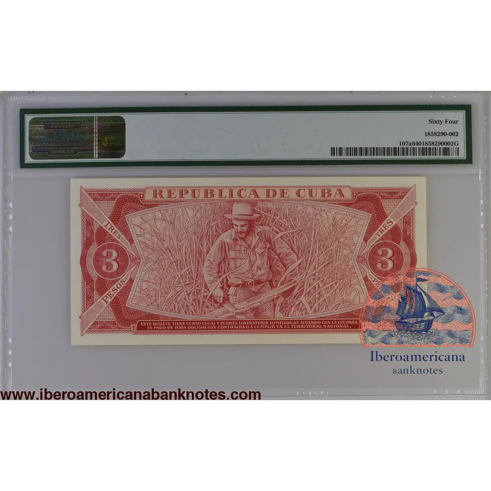 Cuba 1986 P-107a PMG Choice UNC 64 3 Pesos