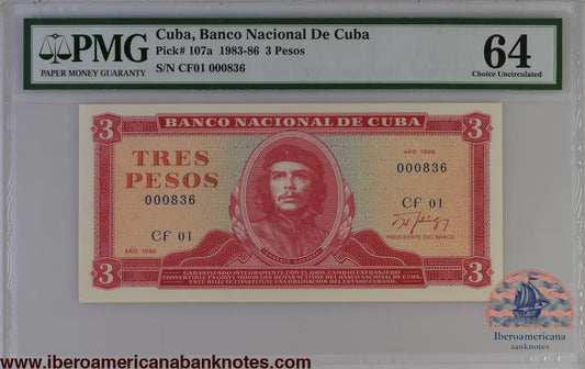 Cuba 1986 P-107a PMG Choice UNC 64 3 Pesos