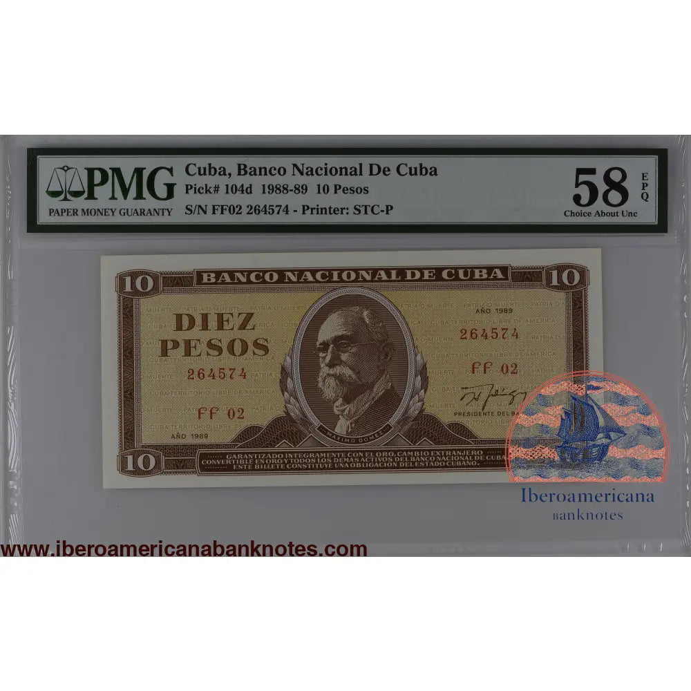 Cuba 1989 P-104d PMG Choice About UNC 58 EPQ 10 Pesos