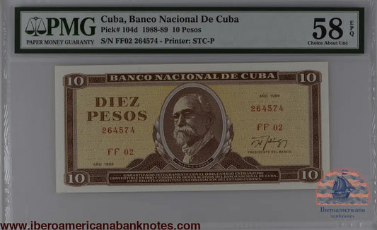 Cuba 1989 P-104d PMG Choice About UNC 58 EPQ 10 Pesos