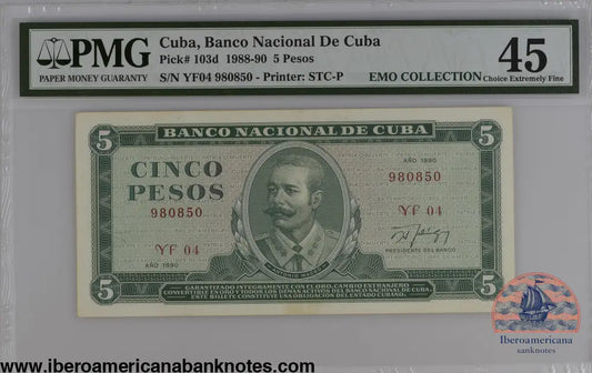 Cuba 1990 P-103d PMG Choice Extremely Fine 45 5 Pesos
