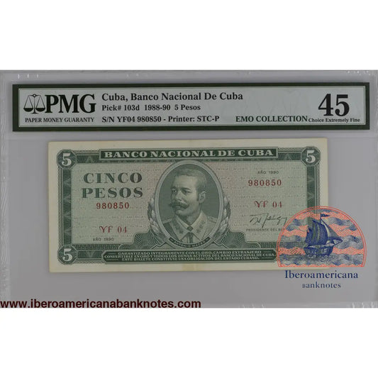 Cuba 1990 P-103d PMG Choice Extremely Fine 45 5 Pesos