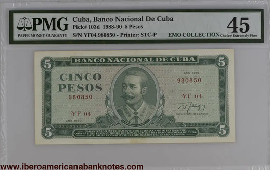 Cuba 1990 P-103d PMG Choice Extremely Fine 45 5 Pesos
