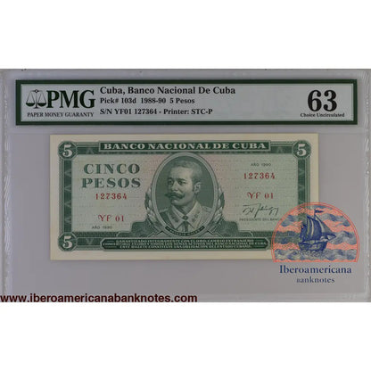 Cuba 1990 P-103d PMG Choice UNC 63 5 Pesos