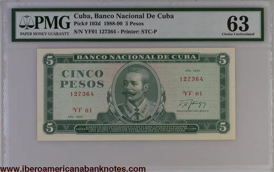 Cuba 1990 P-103d PMG Choice UNC 63 5 Pesos