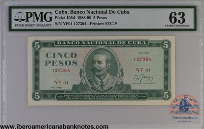 Cuba 1990 P-103d PMG Choice UNC 63 5 Pesos