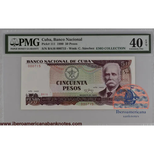Cuba 1990 P-111 PMG Extremely Fine 40 EPQ 50 Pesos 3 digits