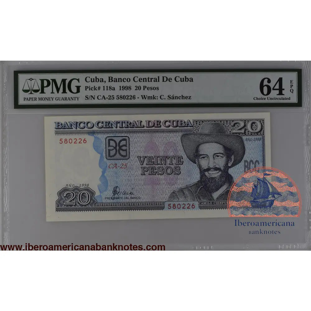 Cuba 1998 P-118a PMG Choice UNC 64 EPQ 20 Pesos