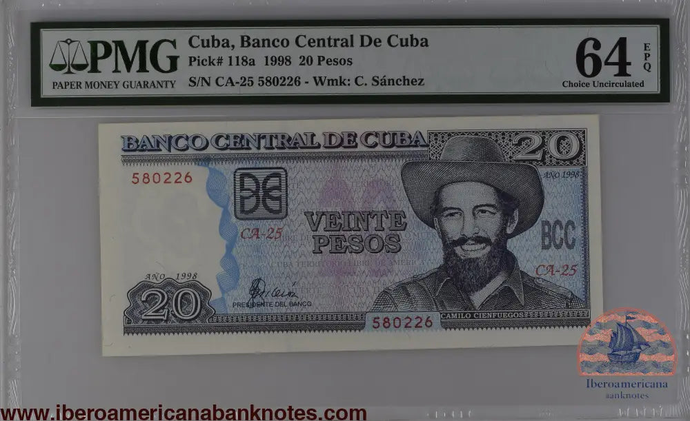 Cuba 1998 P-118a PMG Choice UNC 64 EPQ 20 Pesos