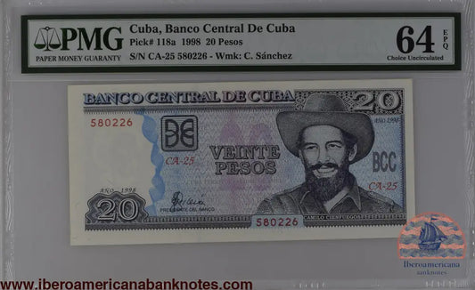 Cuba 1998 P-118a PMG Choice UNC 64 EPQ 20 Pesos
