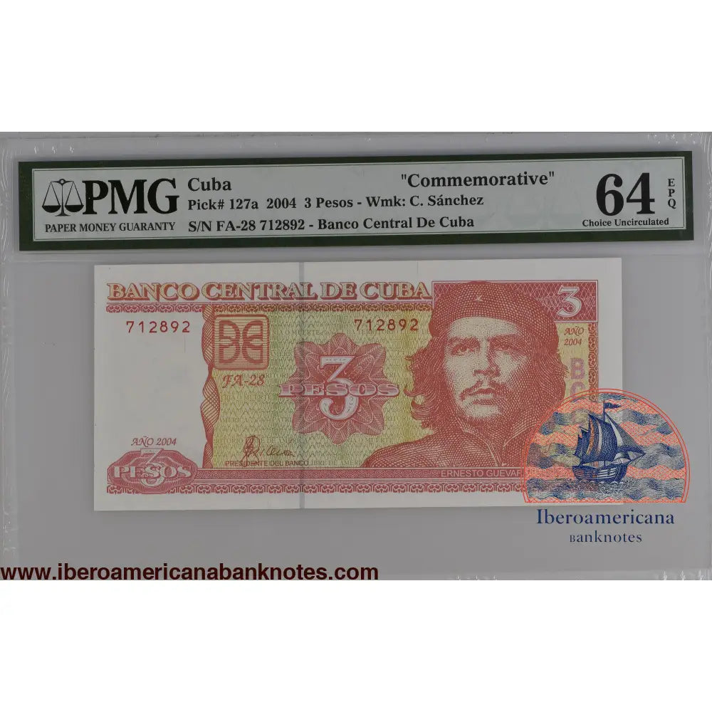 Cuba 2004 P-127a PMG Choice UNC 64 EPQ 3 Pesos commemorative