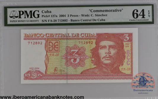 Cuba 2004 P-127a PMG Choice UNC 64 EPQ 3 Pesos commemorative