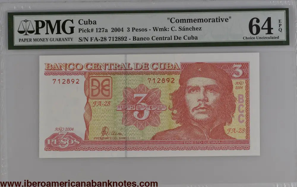 Cuba 2004 P-127a PMG Choice UNC 64 EPQ 3 Pesos commemorative