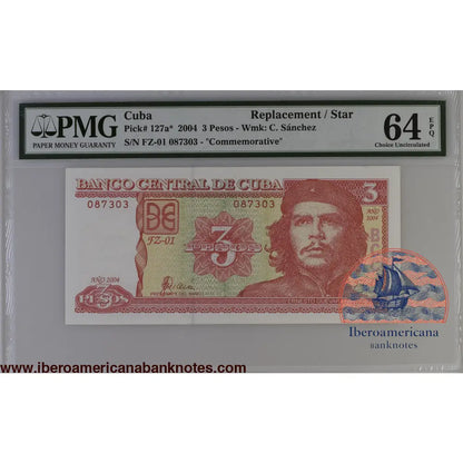 Cuba 2004 P-127a* PMG Choice UNC 64 EPQ 3 Pesos (Replacement) commemorative TOP POP