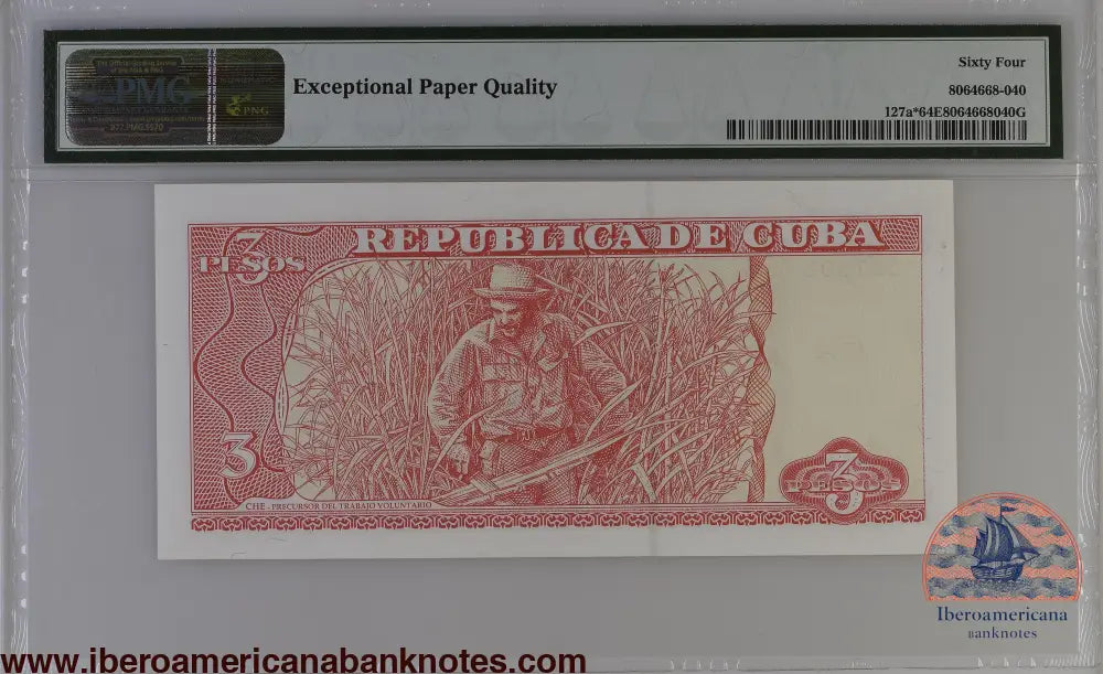 Cuba 2004 P-127a* PMG Choice UNC 64 EPQ 3 Pesos (Replacement) commemorative TOP POP