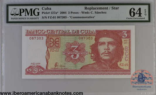 Cuba 2004 P-127a* PMG Choice UNC 64 EPQ 3 Pesos (Replacement) commemorative TOP POP