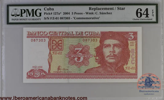 Cuba 2004 P-127a* PMG Choice UNC 64 EPQ 3 Pesos (Replacement) commemorative TOP POP