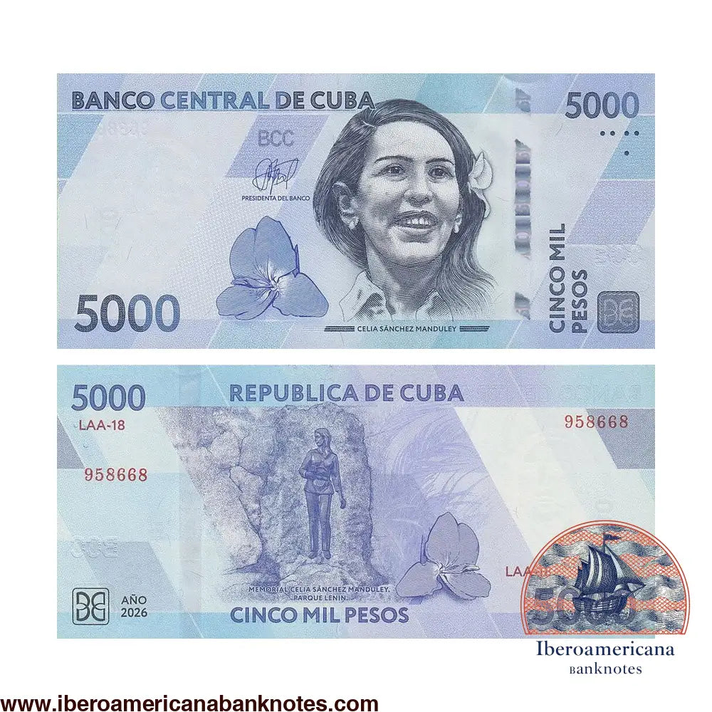 Billete de 5000 pesos de Cuba de 2026, sin circular. Anverso con el retrato de Celia Sánchez Manduley; reverso con el memorial dedicado a Celia Sánchez Manduley en el Parque Lenin de La Habana.