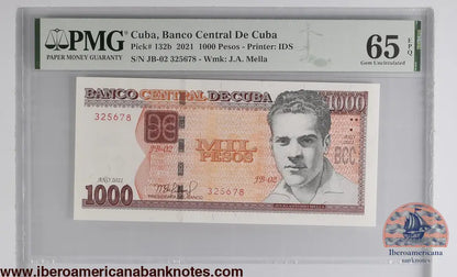 Cuba. Banco Central de Cuba 1000 Pesos 2021 P 132B Prefix: JB-02 Grade 66 EPQ