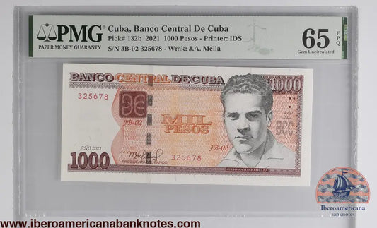 Cuba. Banco Central de Cuba 1000 Pesos 2021 P 132B Prefix: JB-02 Grade 66 EPQ