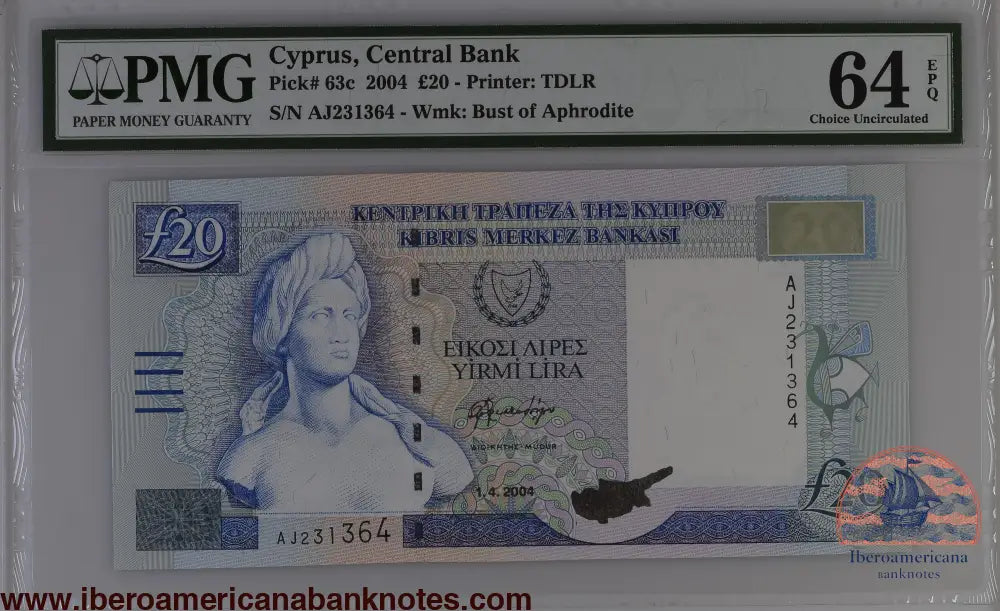 Cyprus 1.4.2004 P-63c PMG Choice UNC 64 EPQ 20 Pounds