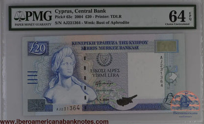 Cyprus 1.4.2004 P-63c PMG Choice UNC 64 EPQ 20 Pounds