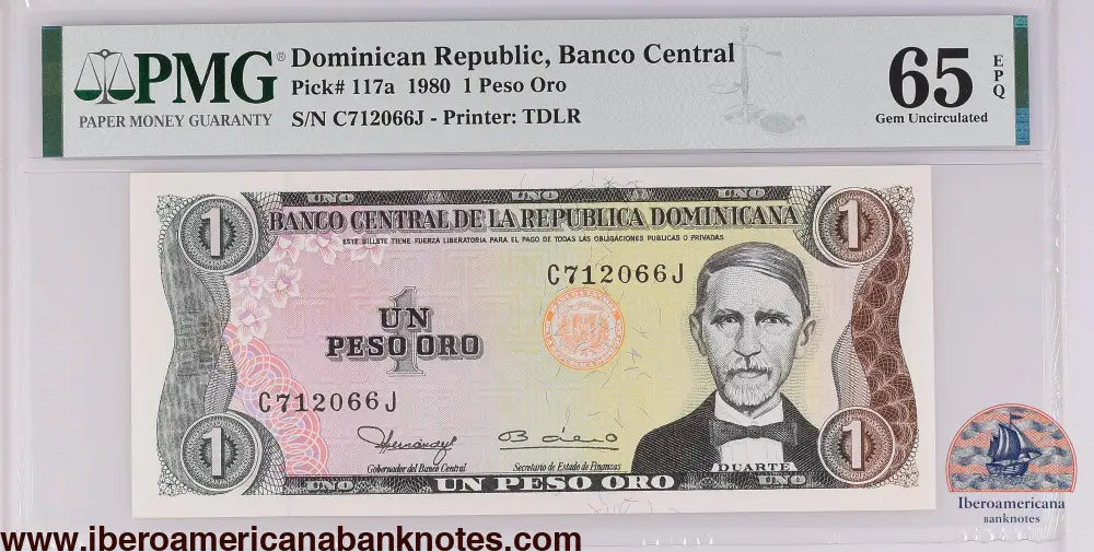 Dominican Republic 1980 P-117a PMG Gem UNC 65 EPQ 1 Peso Oro