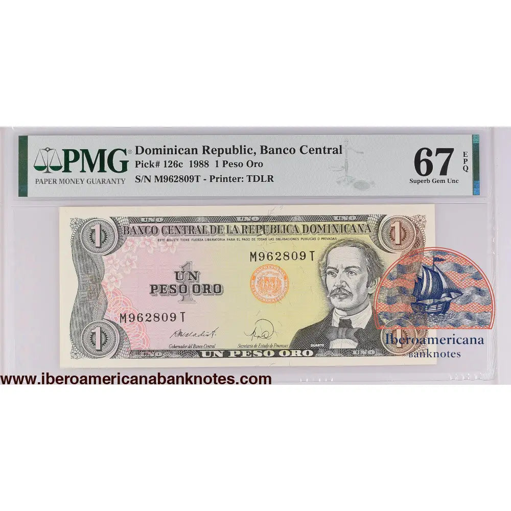 Dominican Republic 1988 P-126c PMG Superb Gem UNC 67 EPQ 1 Peso Oro