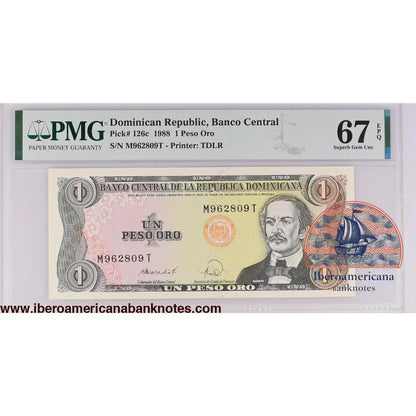 Dominican Republic 1988 P-126c PMG Superb Gem UNC 67 EPQ 1 Peso Oro