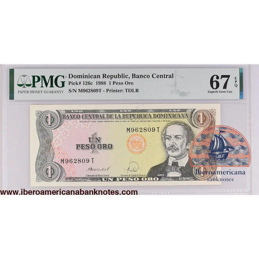 Dominican Republic 1988 P-126c PMG Superb Gem UNC 67 EPQ 1 Peso Oro