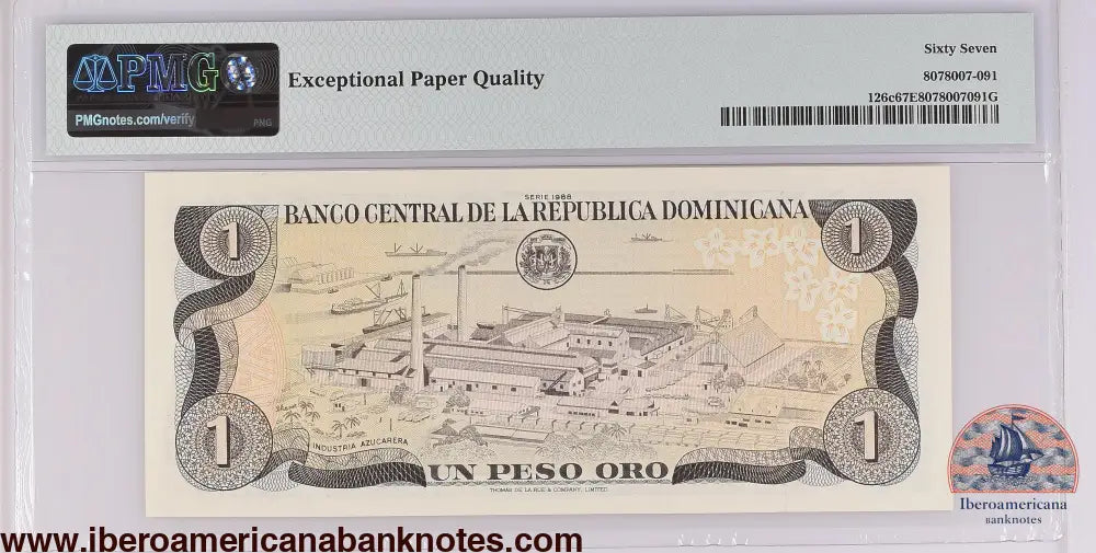 Dominican Republic 1988 P-126c PMG Superb Gem UNC 67 EPQ 1 Peso Oro