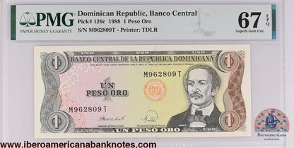 Dominican Republic 1988 P-126c PMG Superb Gem UNC 67 EPQ 1 Peso Oro